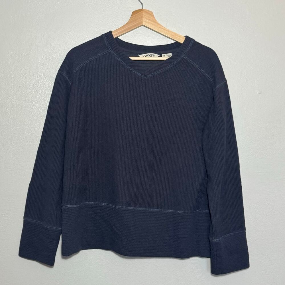 Women's XS Orvis Navy Blue Long Sleeve Crepe V-Neck Pullover Sweatshirt
